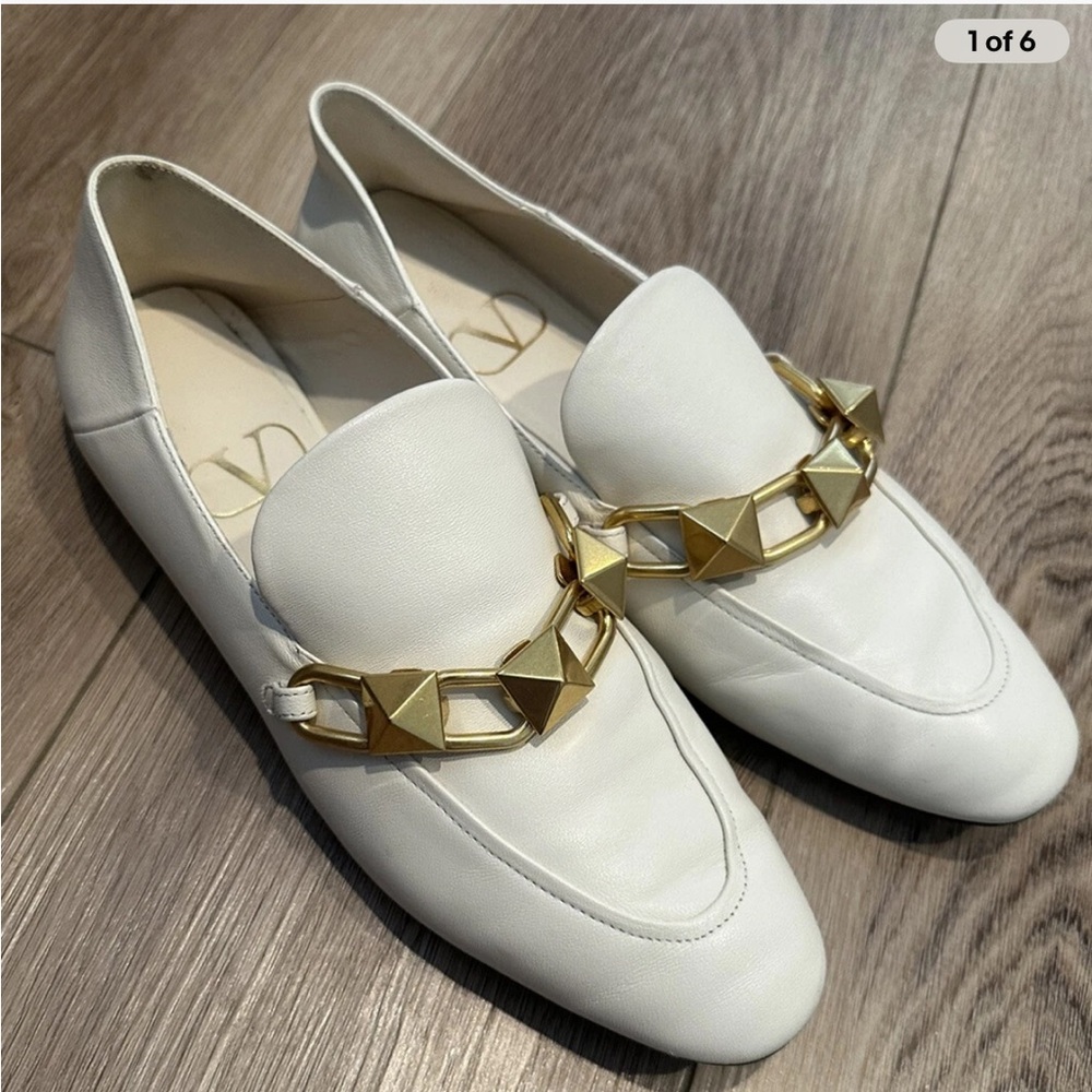 Valentino White Loafers with Gold Chain